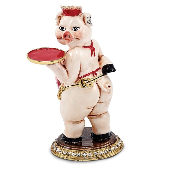 Pewter Bejeweled Crystals Enameled FANCY NANCY Waitress Pig Trinket Box - Picture 4 of 6